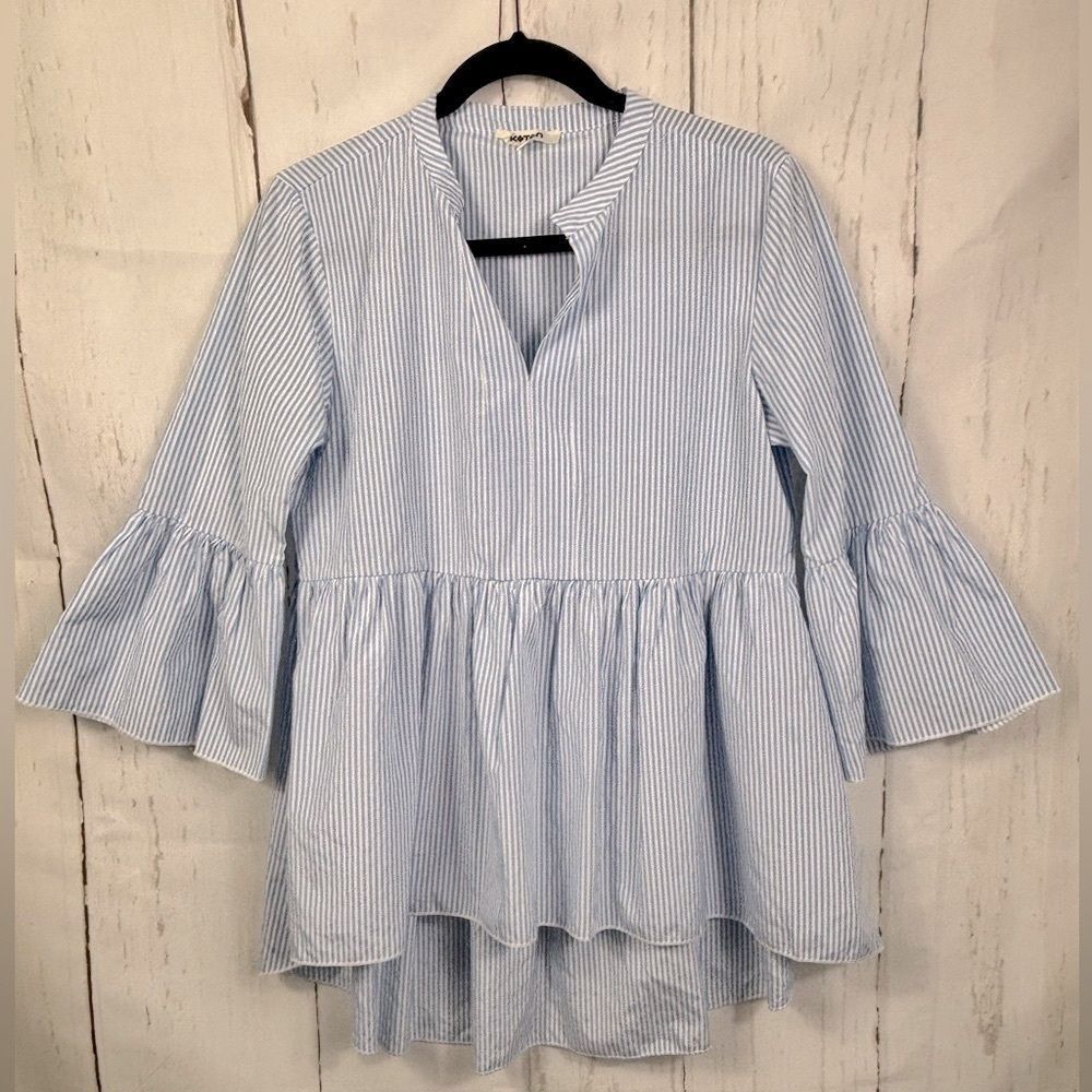 Koton Blouse Shirt Blue White Striped Flounce Sleeve Flared Bottom - Picture 1 of 10
